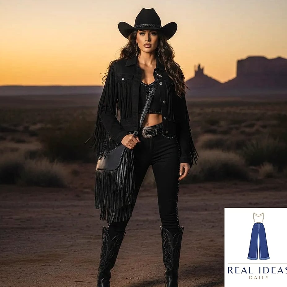 25 Cowgirl Boots Outfit That Are Breathtakingly Beautiful 26 All-Black Outfit with Statement Cowgirl Boots