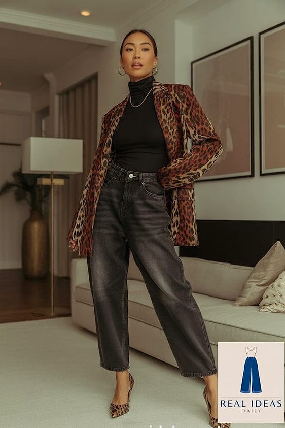 Animal Print Top With Baggy Jeans and Nude Heels