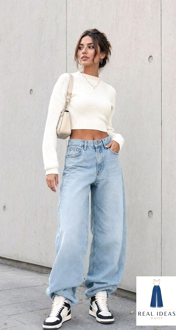 25 Outfits Con Baggy Jeans That Are Absolutely Stunning 11 Baggy-Jeans Outfit: With a Cropped Puffer Vest