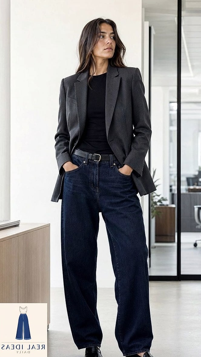 25 Outfits Con Baggy Jeans That Are Absolutely Stunning 25 Baggy-Jeans Outfit: With a Fitted Blazer Dress Underneath