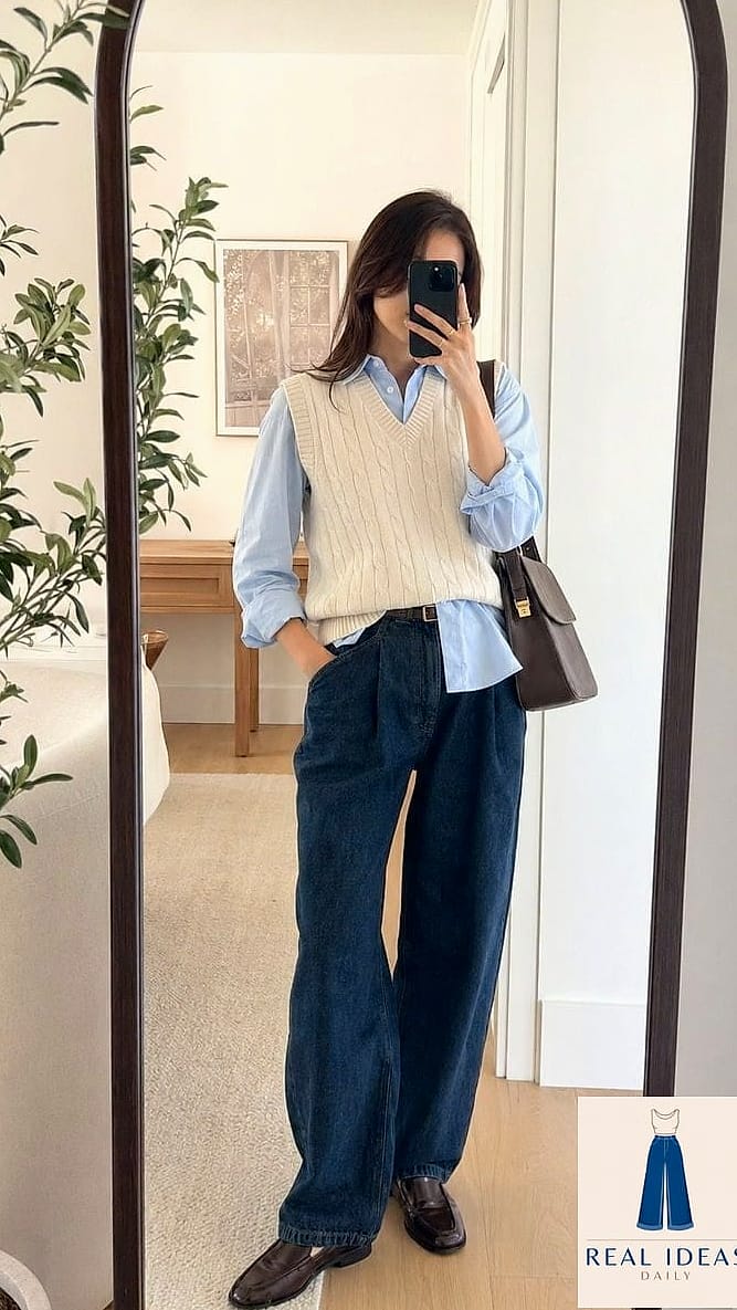 27 Outfit Inspo Baggy Jeans You Need to Try Next 28 Baggy Jeans and a Tucked Sweater Vest