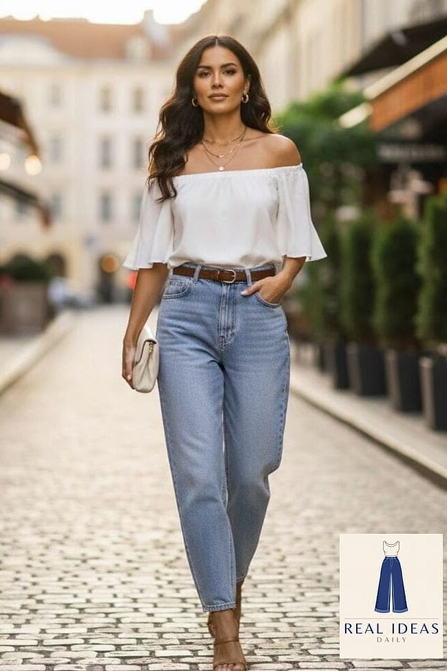 30 How To Style Baggy Jeans Worth Pinning Immediately 18 Baggy Jeans and an Off the Shoulder Top for Date Night