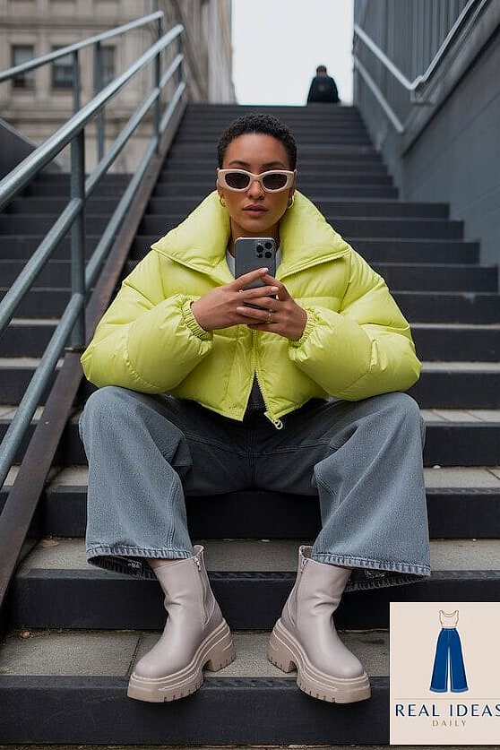 Baggy Jeans With Boots and a Cropped Puffer Jacket
