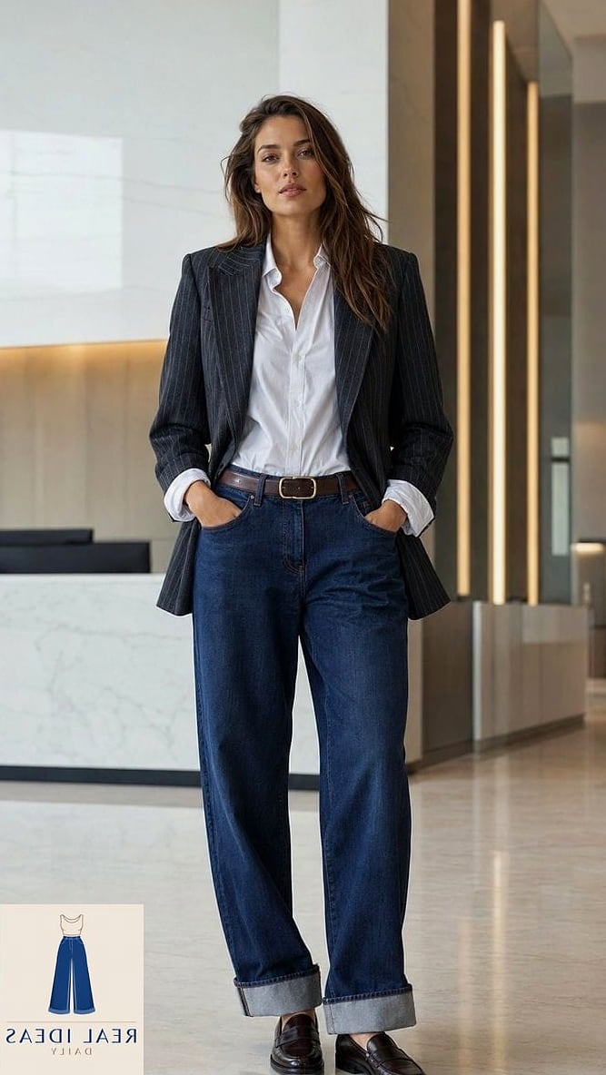 Baggy Jeans With Boots and a Blazer for the Office