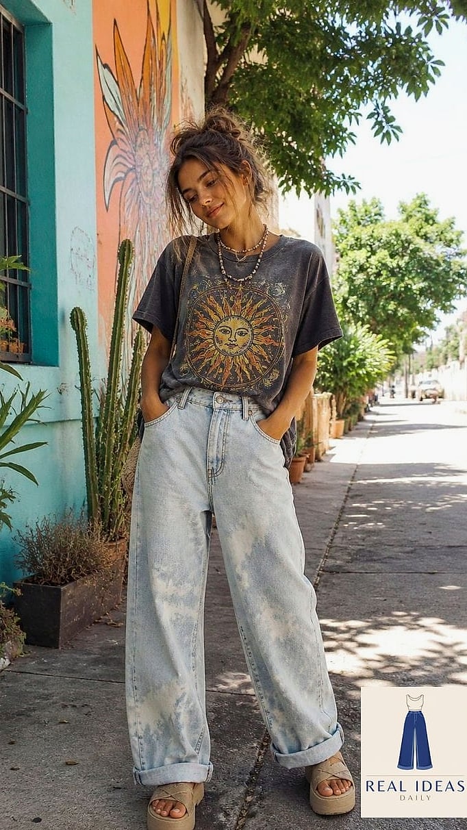 Baggy-Jeans Outfit: With Strappy Sandals and a Mini Bag