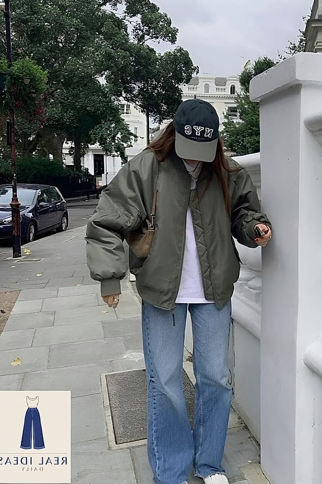 Baggy Jeans and a Bomber Jacket for Sporty Layering