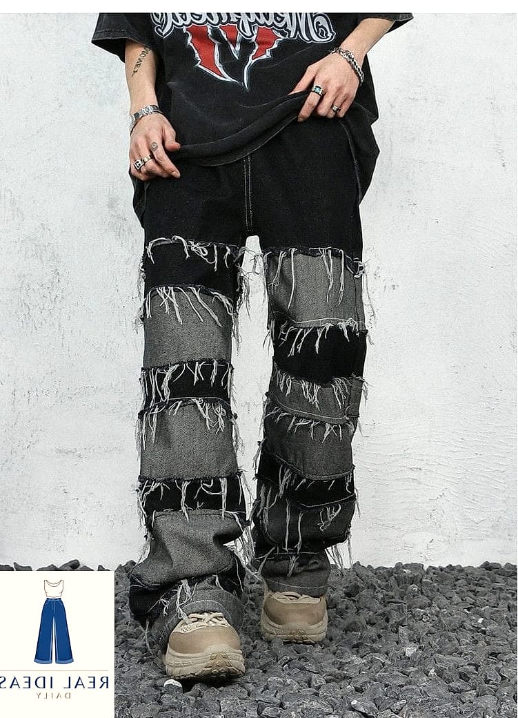 Baggy Jeans With Distressed Patchwork
