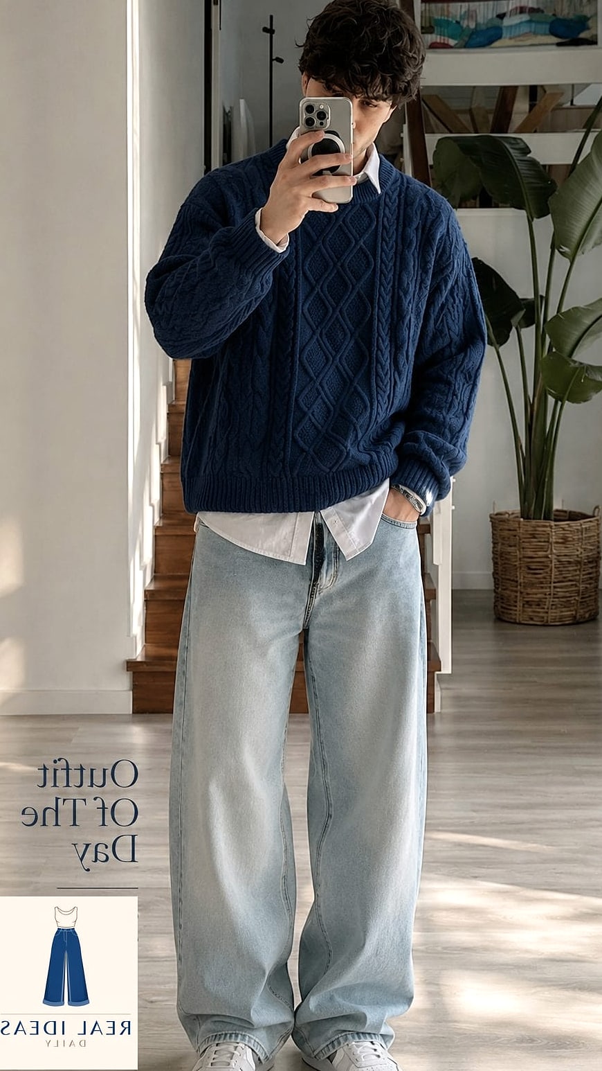 Baggy Jeans + Cable Knit Sweater