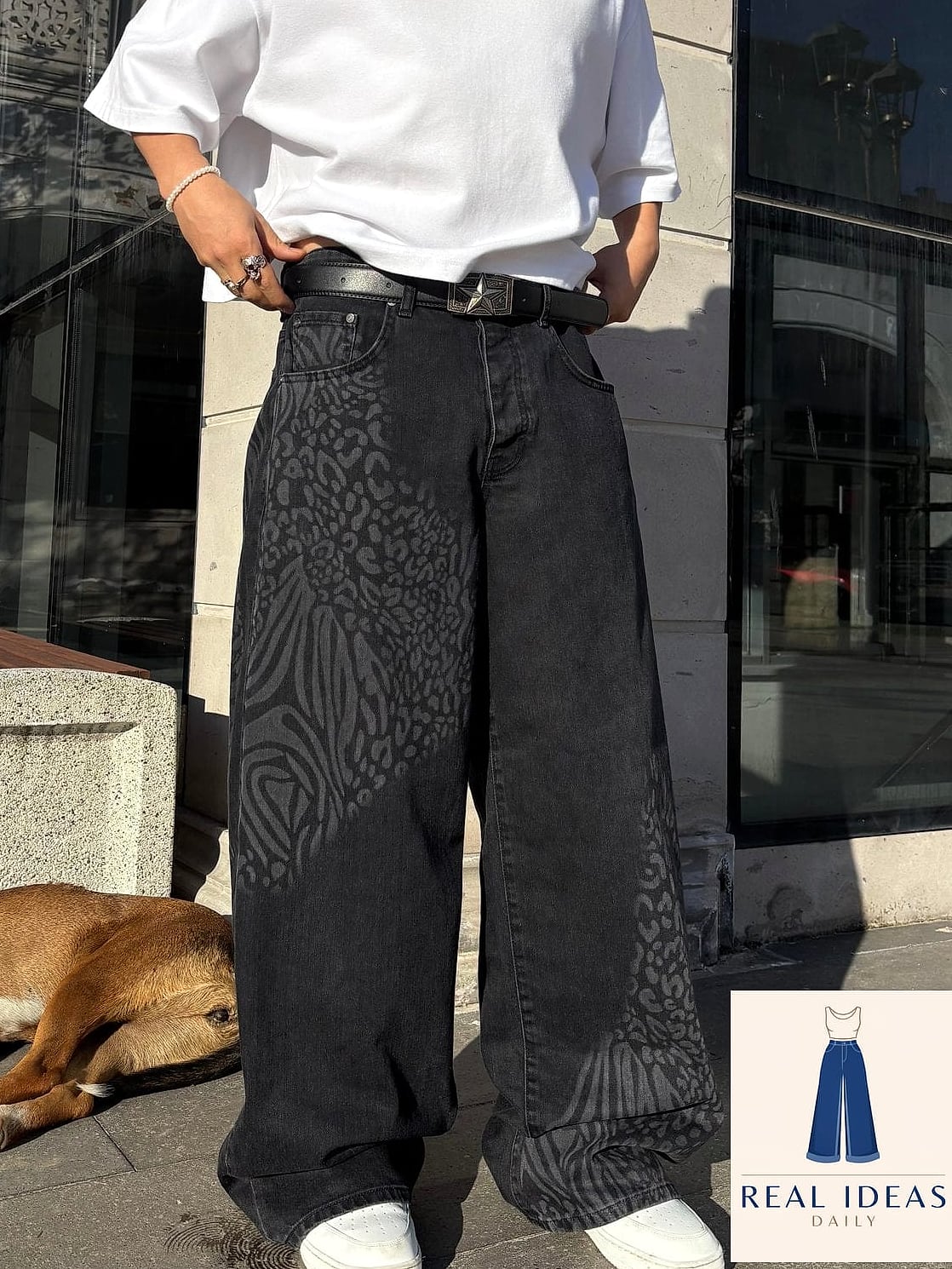 Baggy Jeans With Animal Print Accents