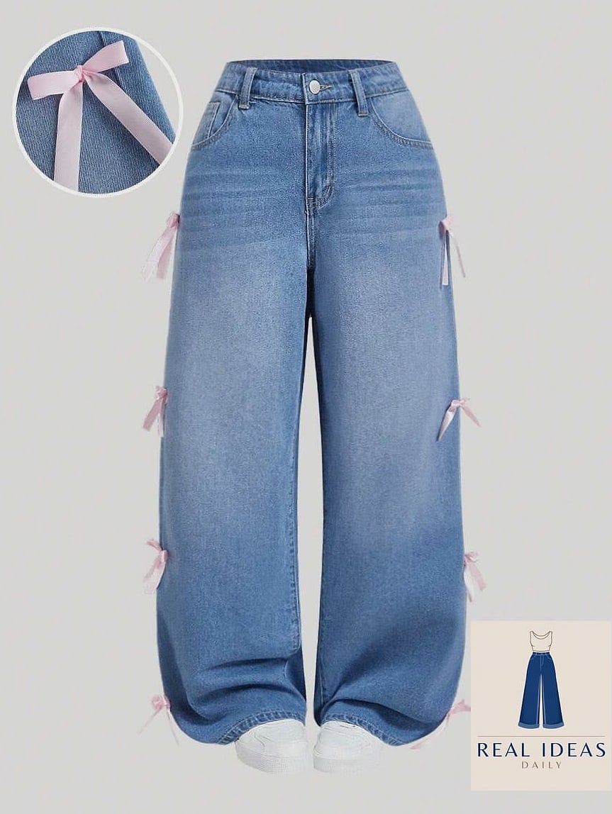 21 Super Baggy Jeans Outfit That Are Absolutely Stunning 5 Baggy-Jeans Outfit: With Bow-Adorned Kitten Heels