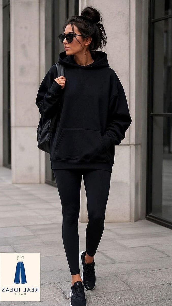 Black Hoodie and Wide-Leg Jeans