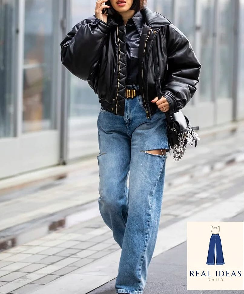 Black Leather Jacket and Baggy Jeans