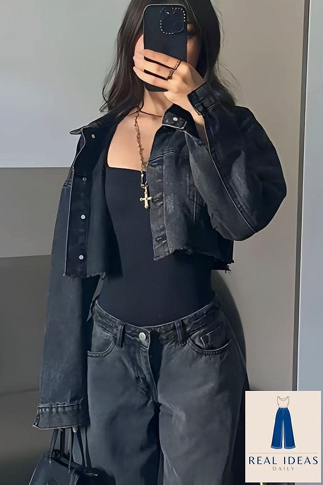 Black Top and Dark Blue Jeans for Effortless Cool