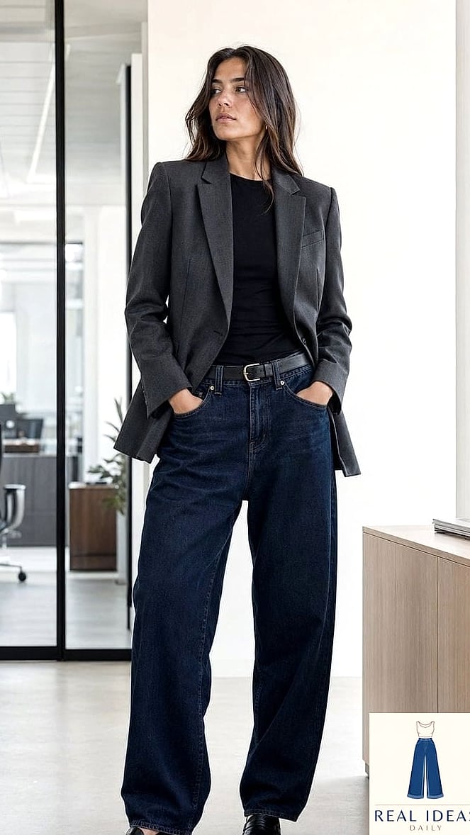 25 Dark Baggy Jeans Outfit Every Style Lover Needs to See 4 Blazer and Baggy Jeans