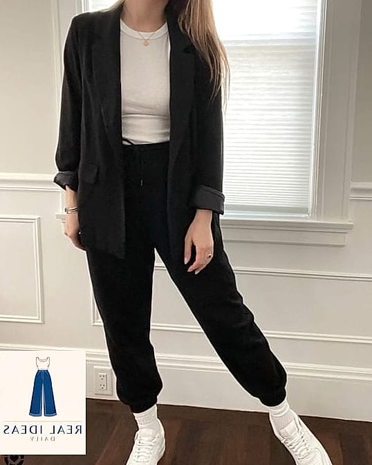 Blazer dress worn open over sweatpants and a tank