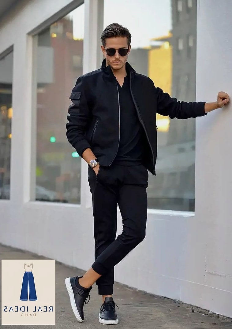 Bomber jacket with a graphic hoodie and sweatpants