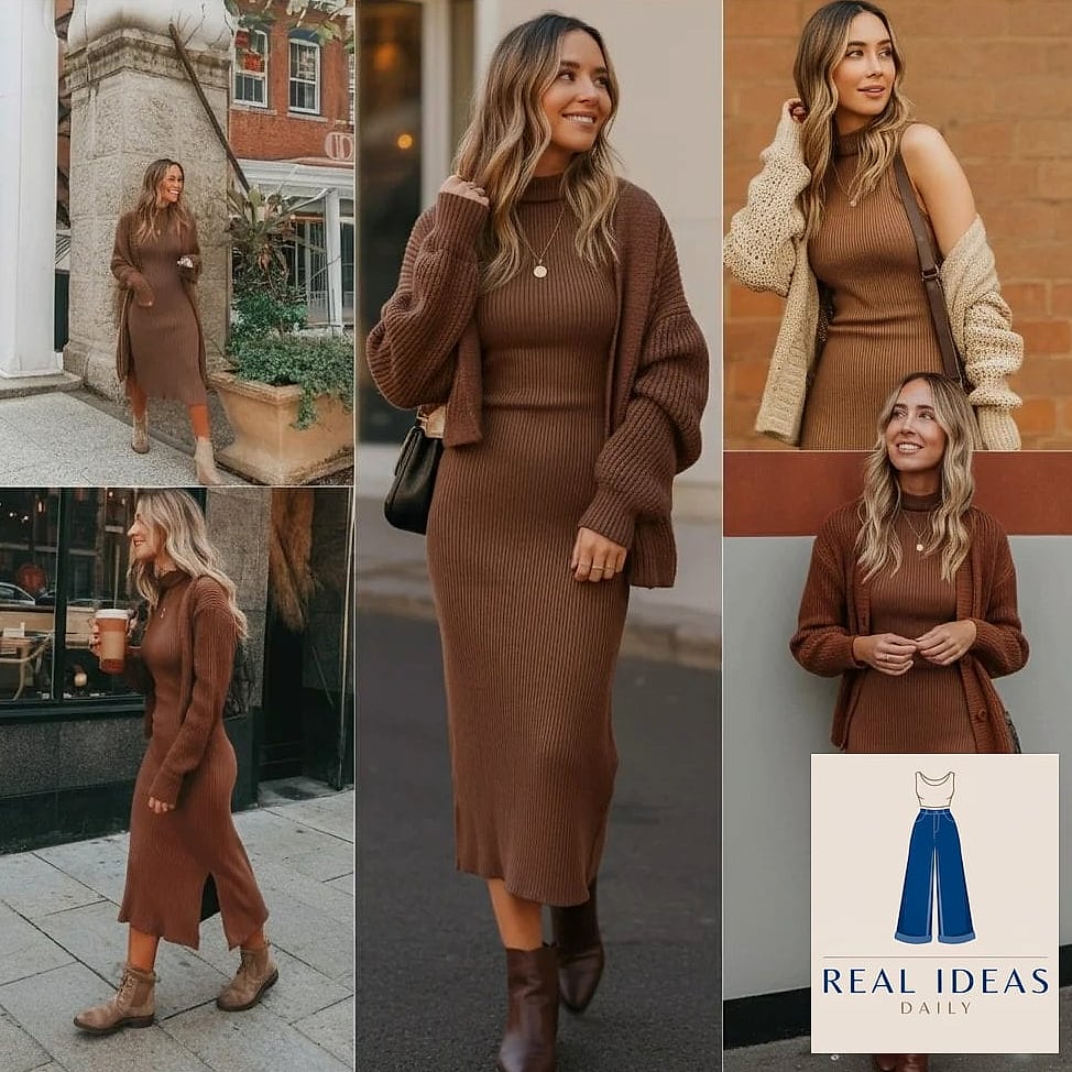 24 Brown Dress Outfit That Every Stylist Needs to See 20 Brown Dress Layered With a Cardigan for the Office
