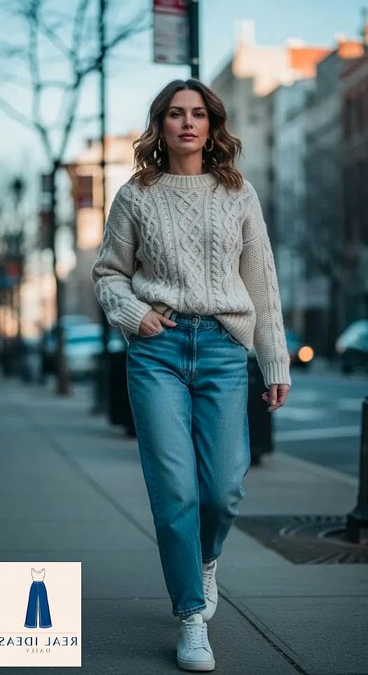 Cable Knit Sweater and Baggy Jeans for Cozy Weekend Style