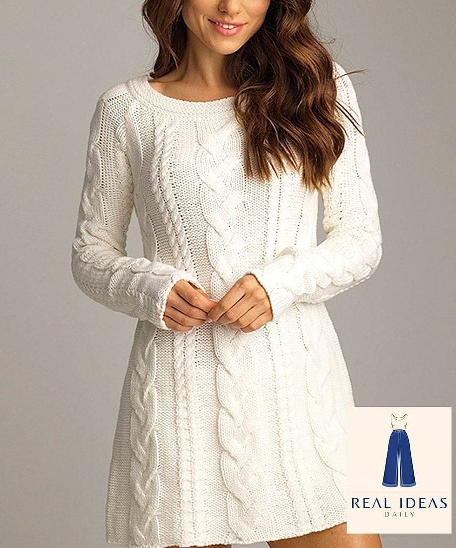 24 Sweater Dress Outfit That Are Going Viral on Pinterest Right Now 7 Cable Knit Sweater Dress with White Sneakers