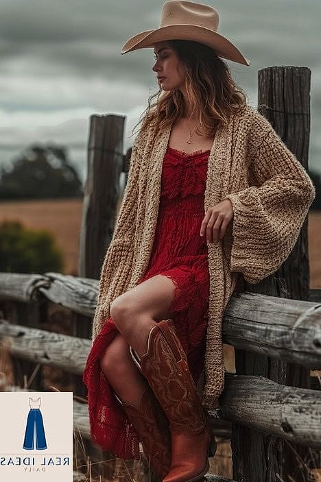 25 Cowgirl Boots Outfit That Are Breathtakingly Beautiful 24 Cardigan and Slip Dress Combo for Layered Comfort