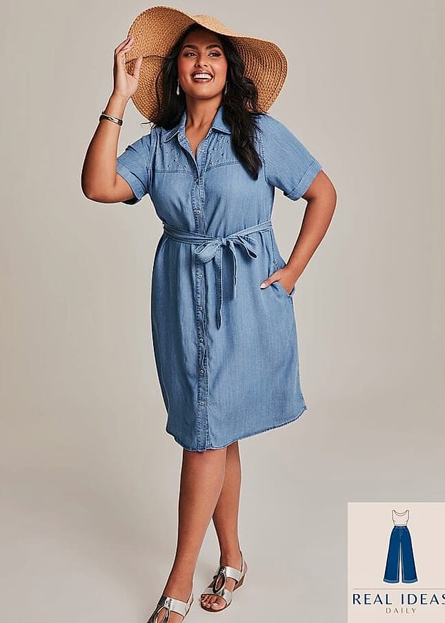 27 Blue Dress Outfit That Are Dreamy and So Inspiring 15 Chambray Dress With a Straw Tote