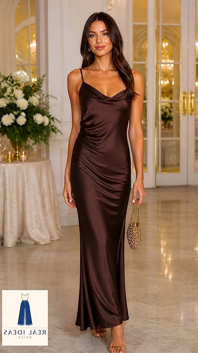 24 Brown Dress Outfit That Every Stylist Needs to See 2 The Chocolate Slip Dress With Gold Jewelry