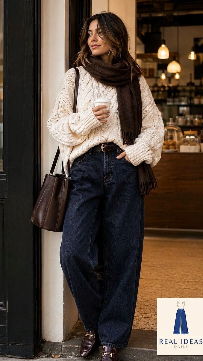 Chunky Knit Cardigan with Grey Baggy Jeans
