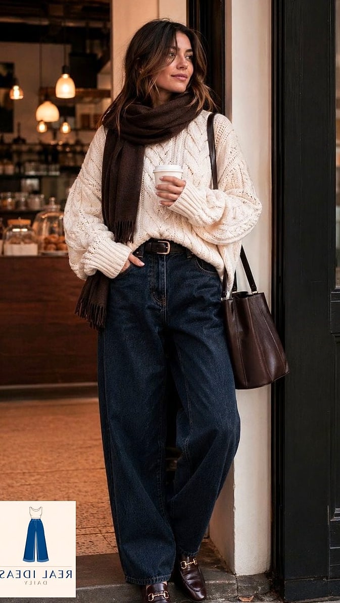 25 Dark Baggy Jeans Outfit Every Style Lover Needs to See 15 Chunky Knit Cardigan and Baggy Jeans