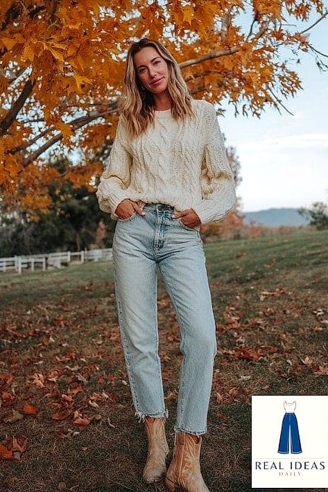 30 Cowboy Boots Outfit That Are Going Viral on Pinterest Right Now 11 Chunky Knit Sweater and Straight-Leg Jeans