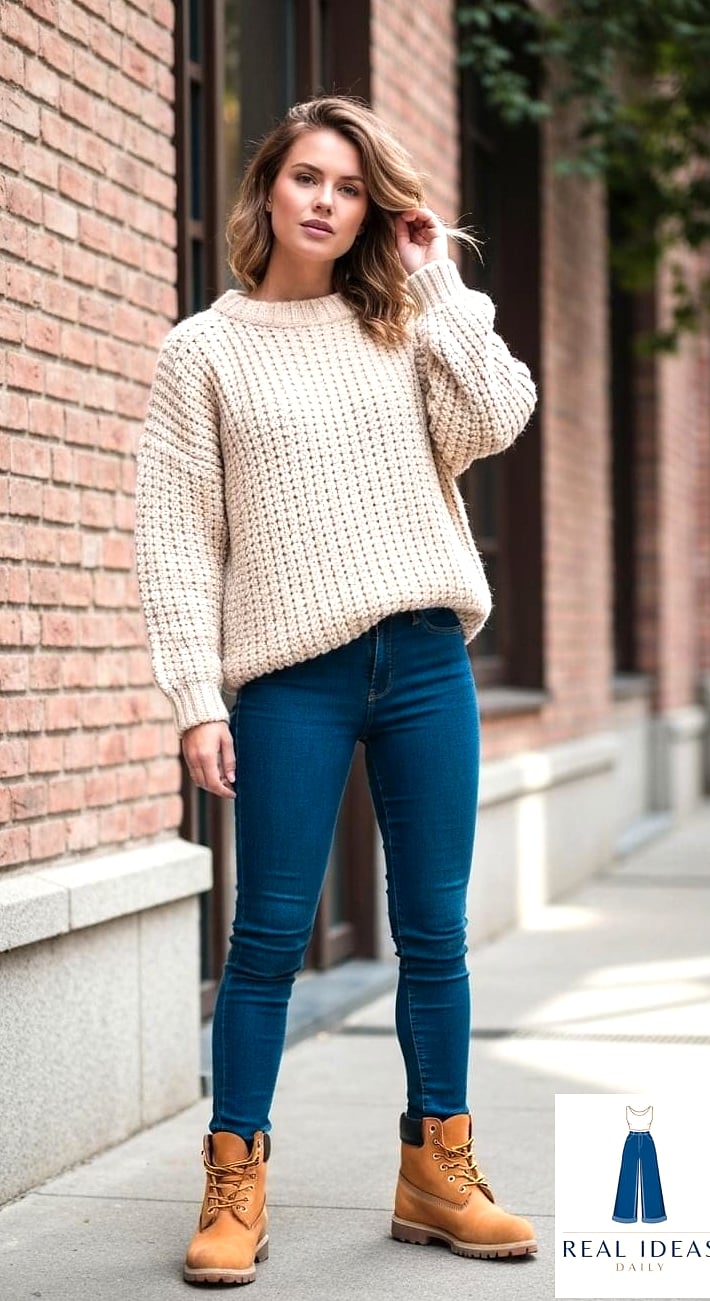 30 Timberland Boots Outfit Women That Are Breathtakingly Beautiful 4 Chunky Knit Sweater and Flare Jeans
