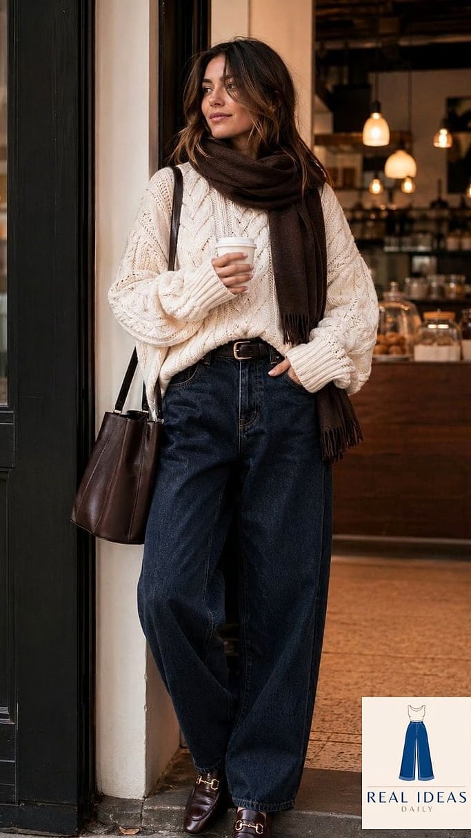 26 Cute Baggy Jeans Outfit Every Style Lover Needs to See 13 The Chunky Knit Sweater Pairing