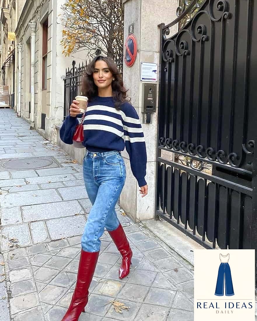 21 Red Boots Outfit Every Woman Needs to See 1 The Classic Jeans and Red Boots Combo