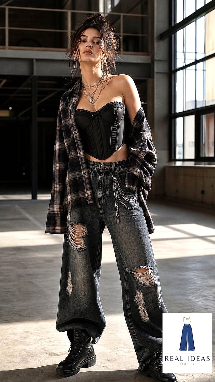 25 Dark Baggy Jeans Outfit Every Style Lover Needs to See 11 Corset Top and Baggy Jeans