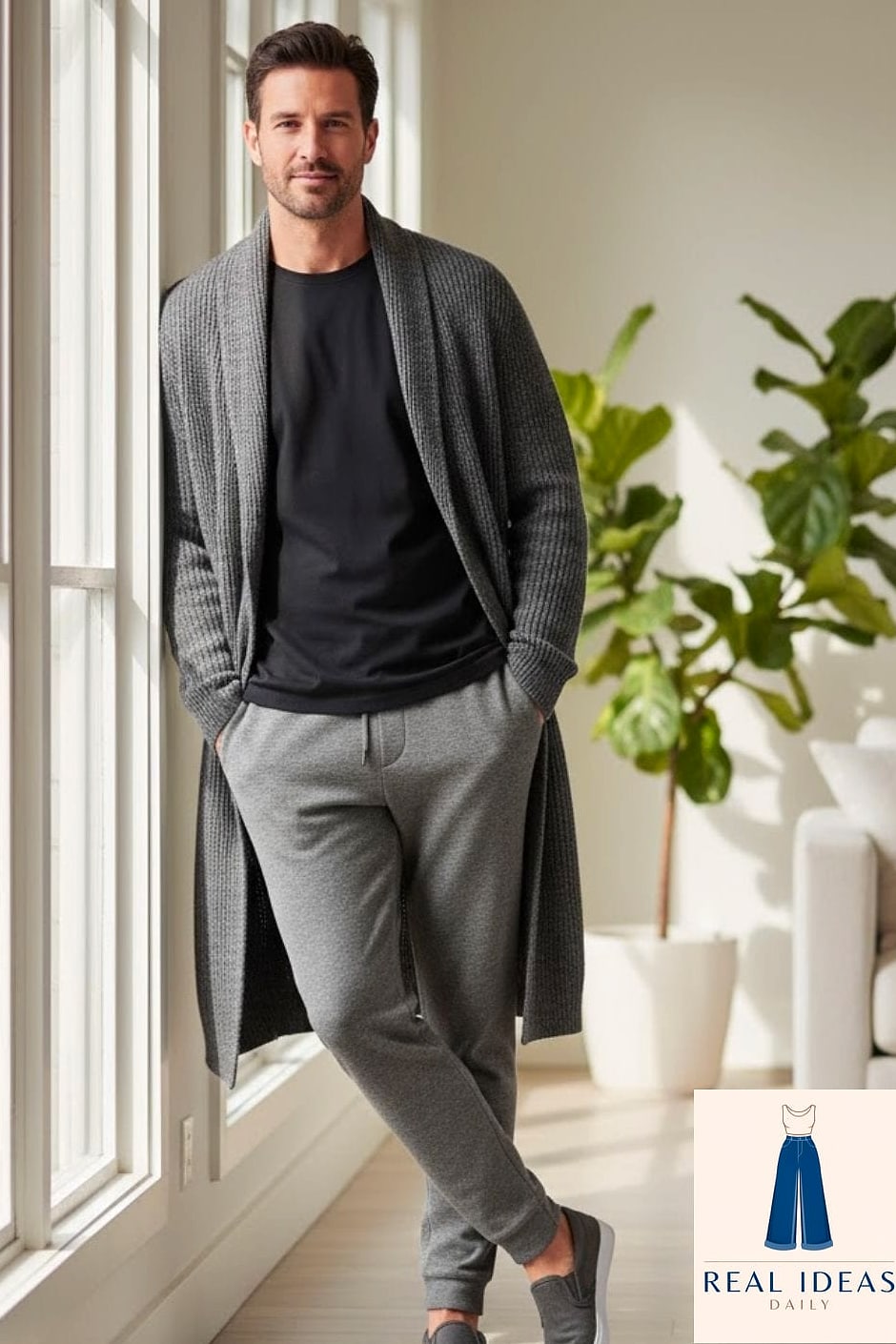 30 Grey Sweatpants Outfit You'll Want to Screenshot Immediately 12 Cozy cardigan and slides
