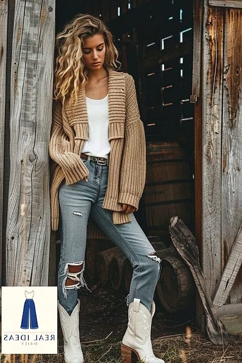 30 Cowboy Boots Outfit That Are Going Viral on Pinterest Right Now 8 Cropped Cardigan and Midi Skirt