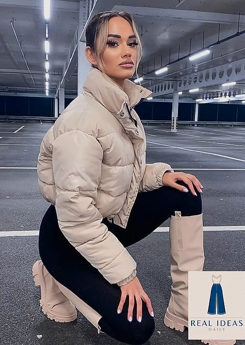 21 Knee High Boots Outfit That Are Trending Right Now 15 Cropped Puffer Jacket with Leggings