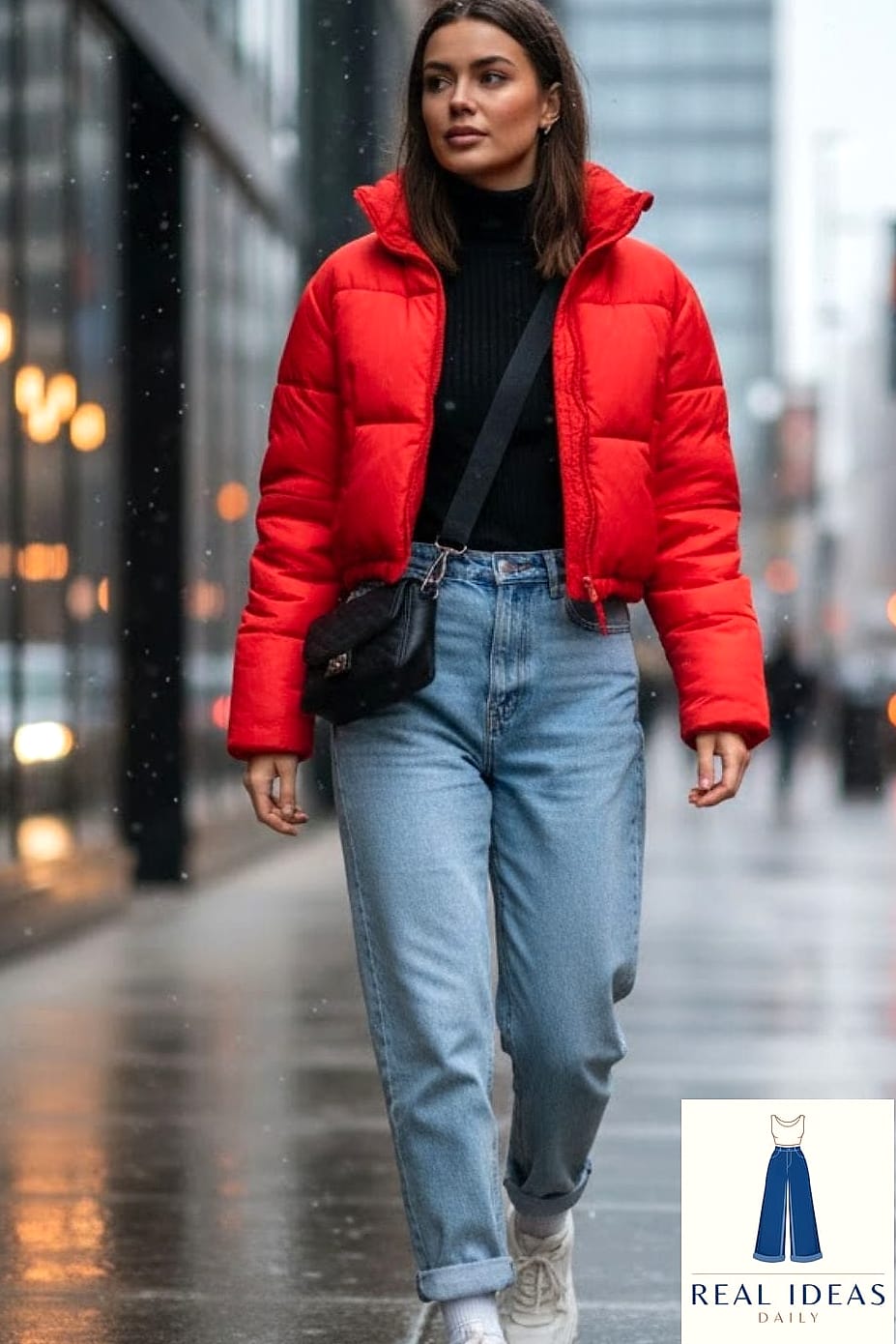 Cropped Puffer Jacket with High-Waisted Baggy Denim