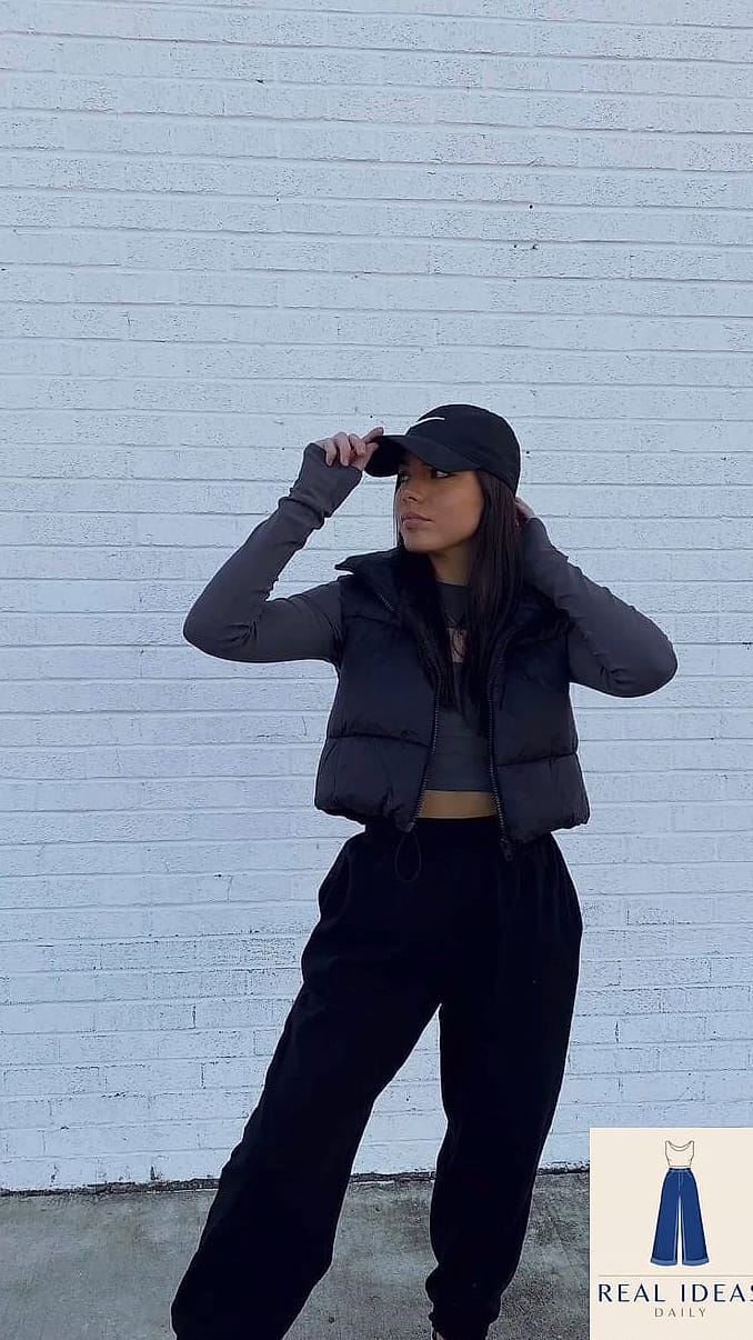 Cropped puffer jacket with sweatpants and chunky loafers