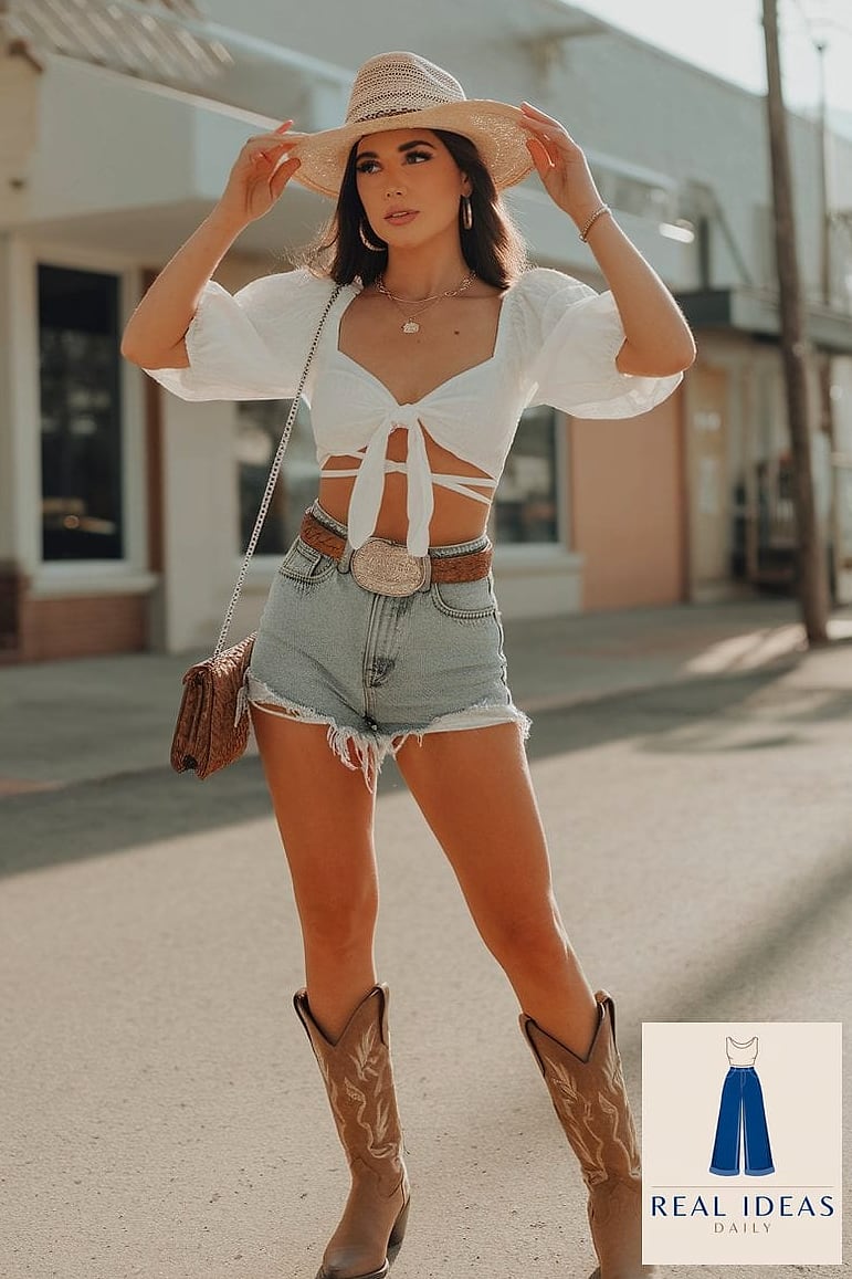 25 Cowgirl Boots Outfit That Are Breathtakingly Beautiful 6 Crop Top, High-Waisted Shorts, and Cowgirl Boots for Festival Days