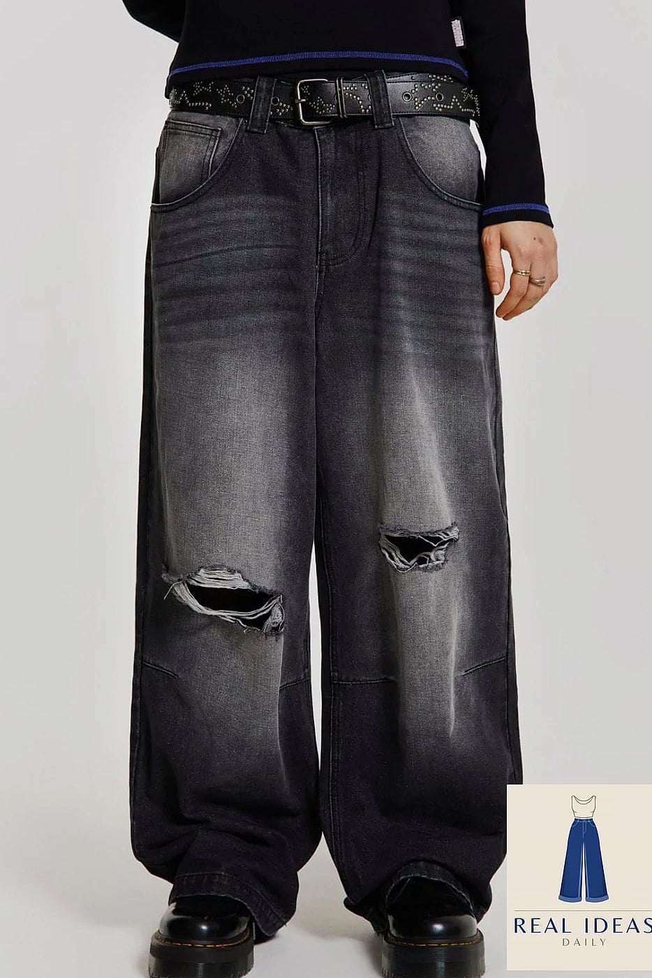 Dark Wash Baggy Jeans With Shredded Thigh Details