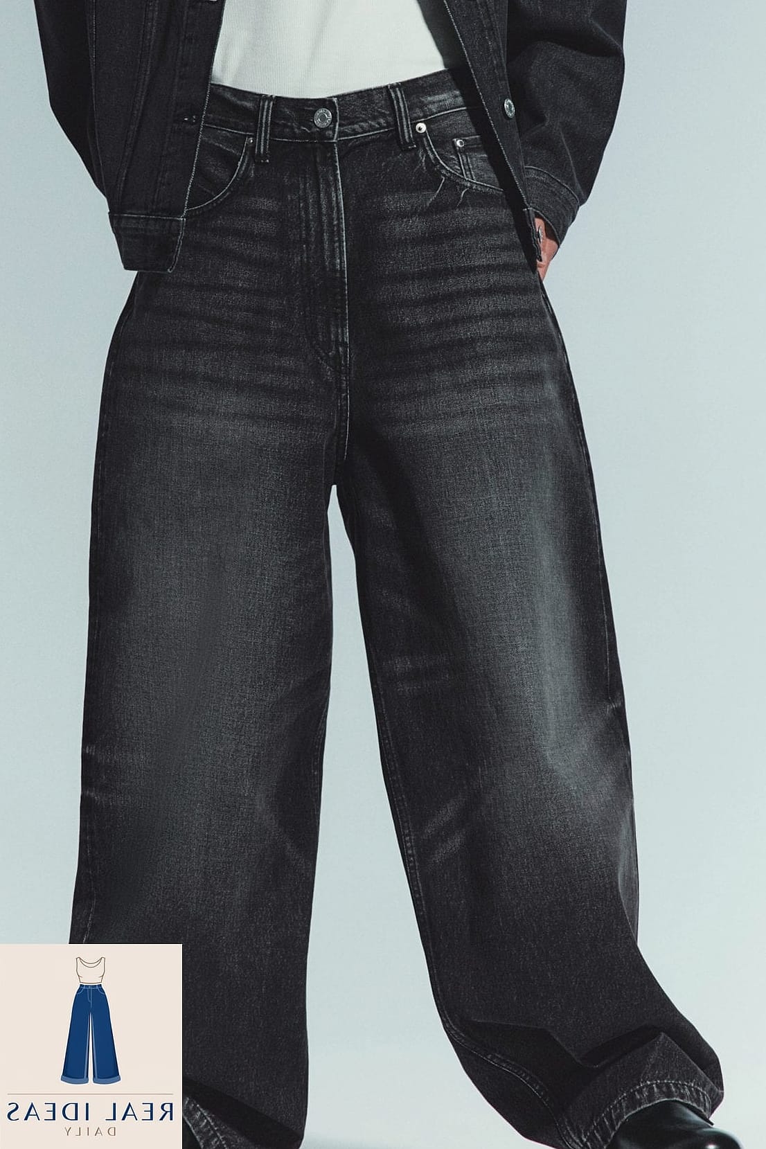 25 Dark Baggy Jeans Outfit Every Style Lover Needs to See 16 Denim-on-Denim with Dark Baggy Jeans