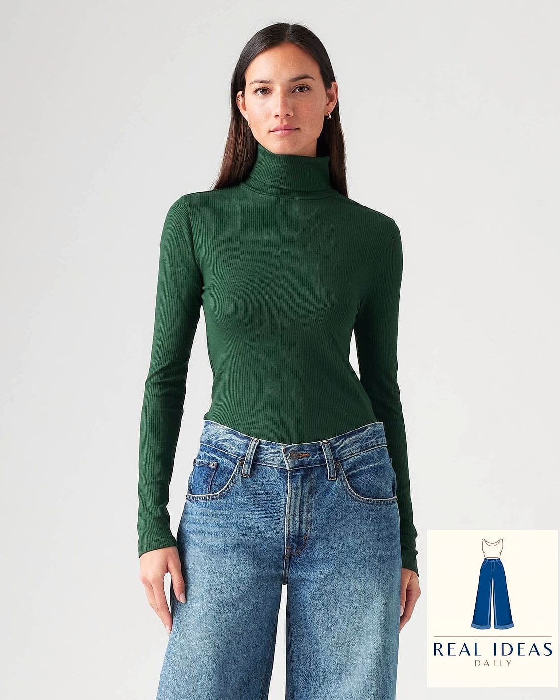 Denim Jacket Over a Turtleneck Bodysuit and Midi Skirt