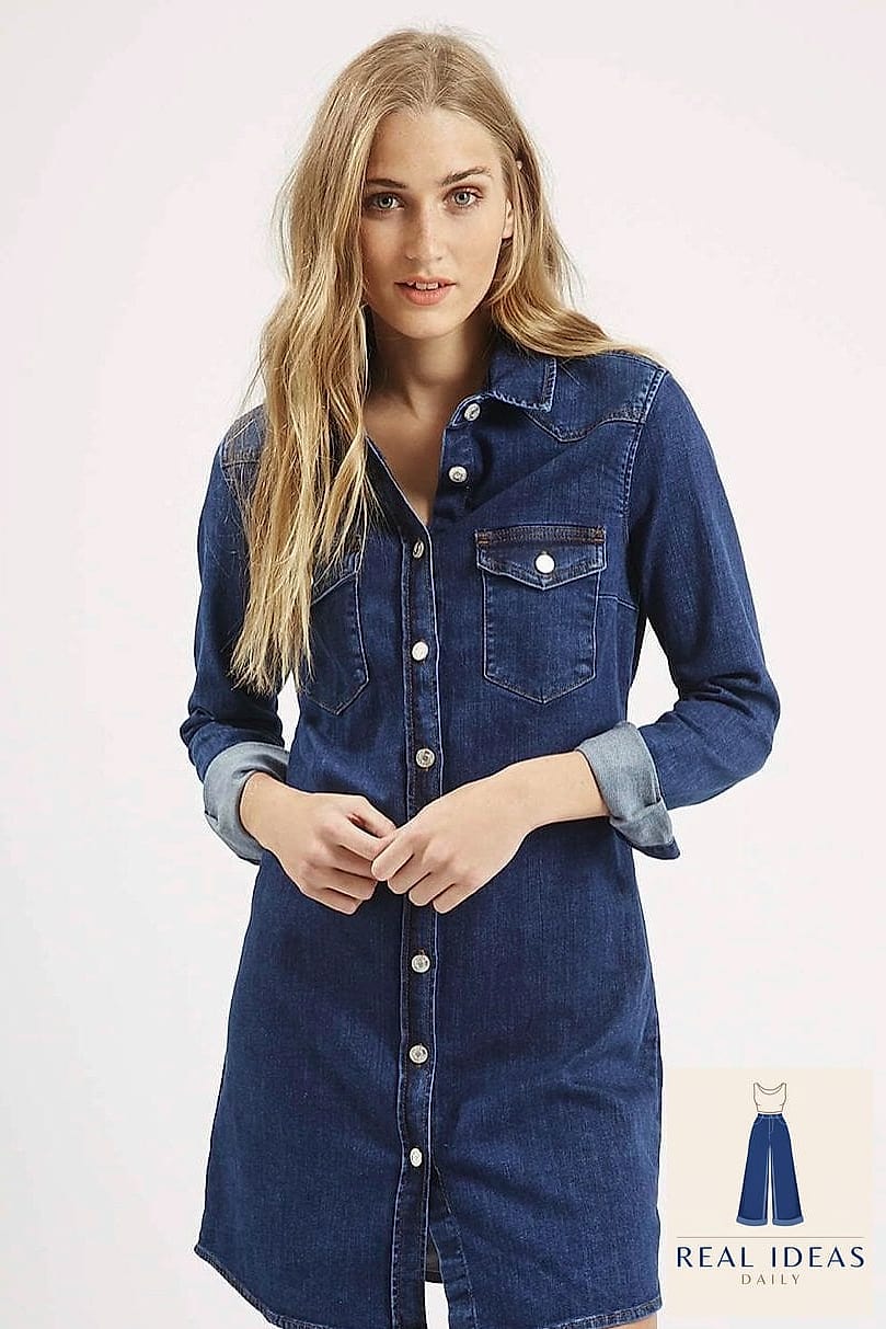 29 Winter Dress Outfit That Are Dreamy and So Inspiring 13 Denim Shirt Dress with Layered Necklaces