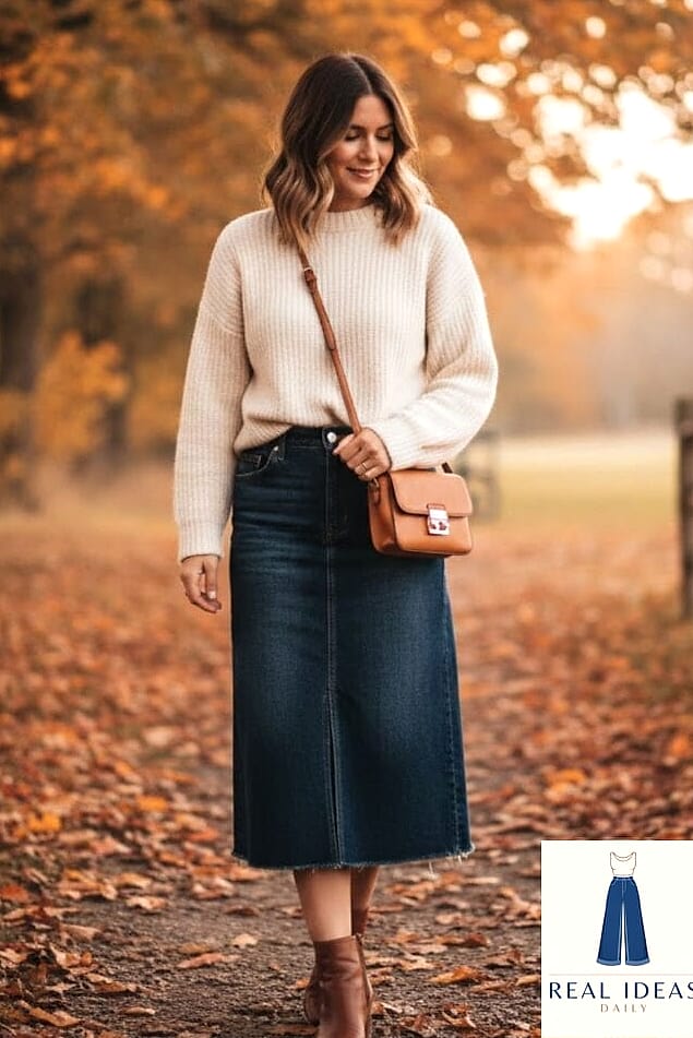 Denim Skirt + Chunky Knit Sweater + Ankle Boots