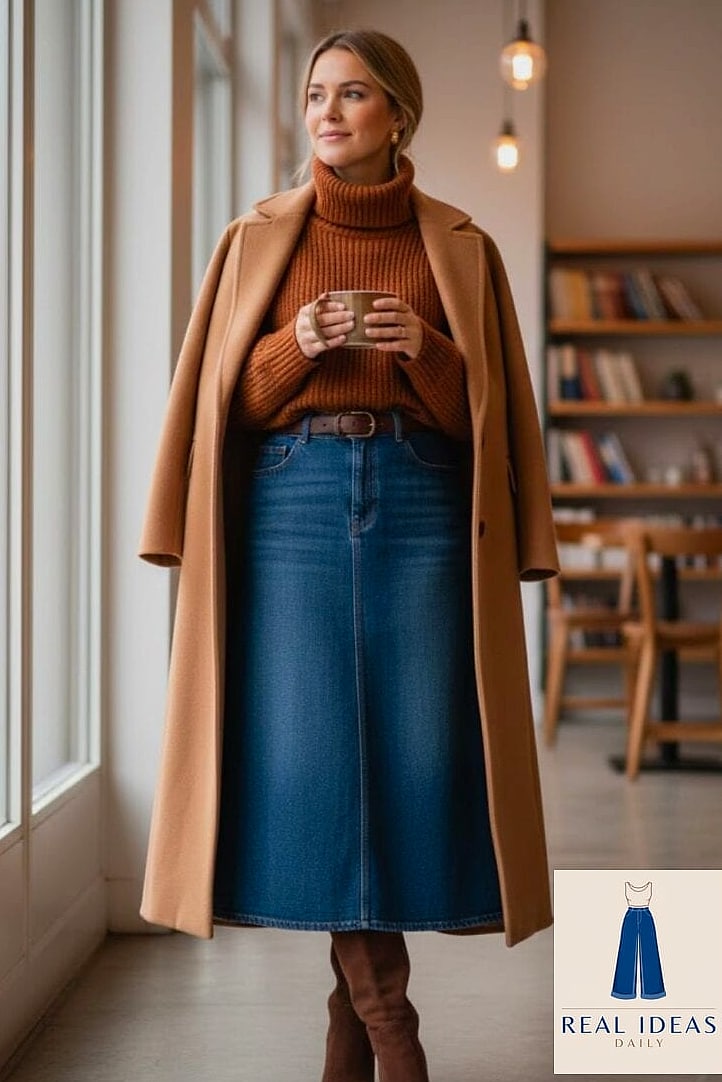 Denim Skirt + Turtleneck + Chunky Loafers