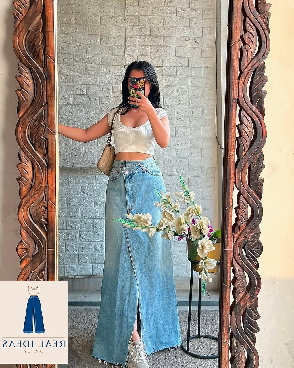 Denim Skirt + Corset Top + Strappy Heels