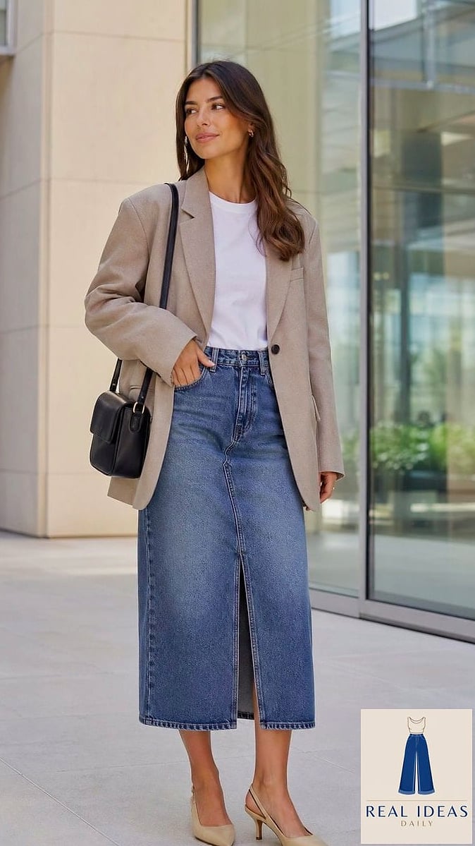 Denim Skirt + Oversized Blazer + White Sneakers