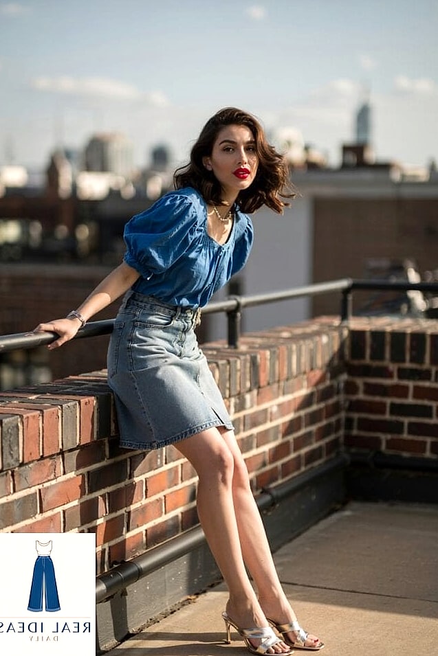 Denim Skirt + Blouse + Kitten Heels