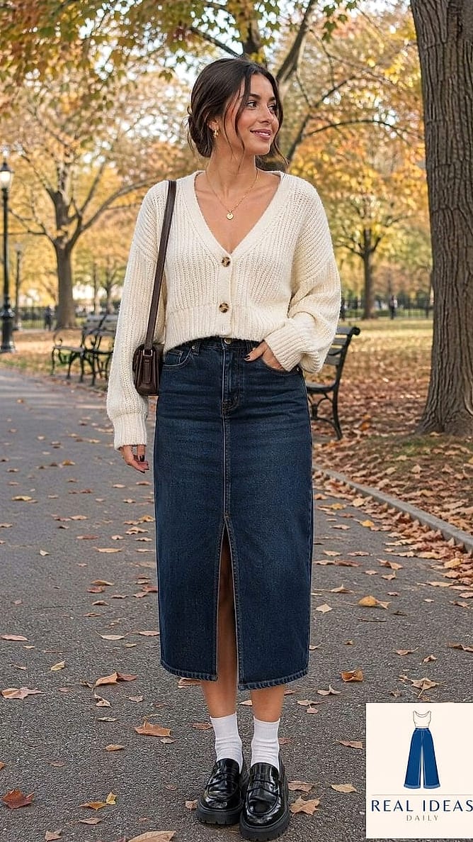 Denim Skirt + Cardigan + Loafers