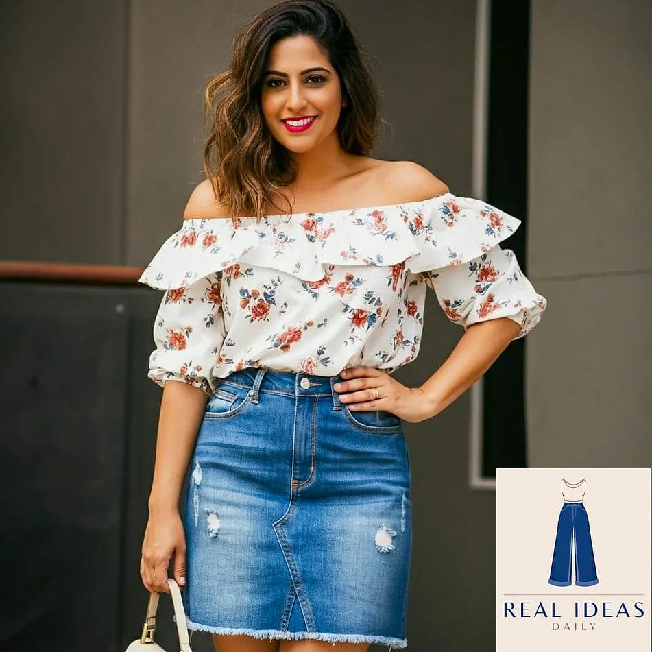Denim Skirt + Off-Shoulder Top + Wedge Sandals